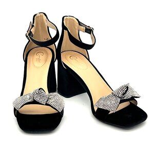 Comfort Black Velvet Ankle Strap Block Heels Womens Shoes Size 8 Rhinestone Bow